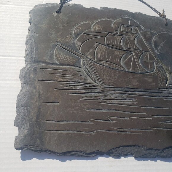 Vintage Slate Etching Ship Sail Boat Sailing Vessel Barque Schooner‎ Nautical - Picture 2 of 8